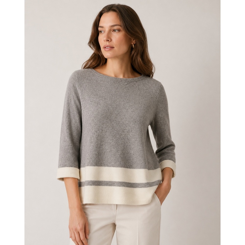 Max Studio Sweater Sz M Gray Ivory Striped Boat Neck 3/4 Sleeve Preppy Coastal